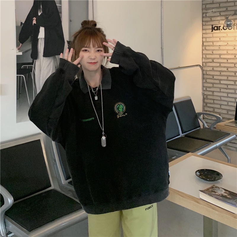Áo sweater cổ polo dáng rộng thêu họa tiết thời trang mùa thu cho nữ | BigBuy360 - bigbuy360.vn