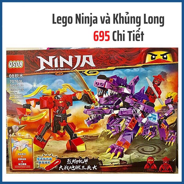 Hộp đồ chơi lắp ráp ghép hình xếp hifnh Khủng Long Ninja có đèn 695 miếng cao cấp, thông minh 70763L