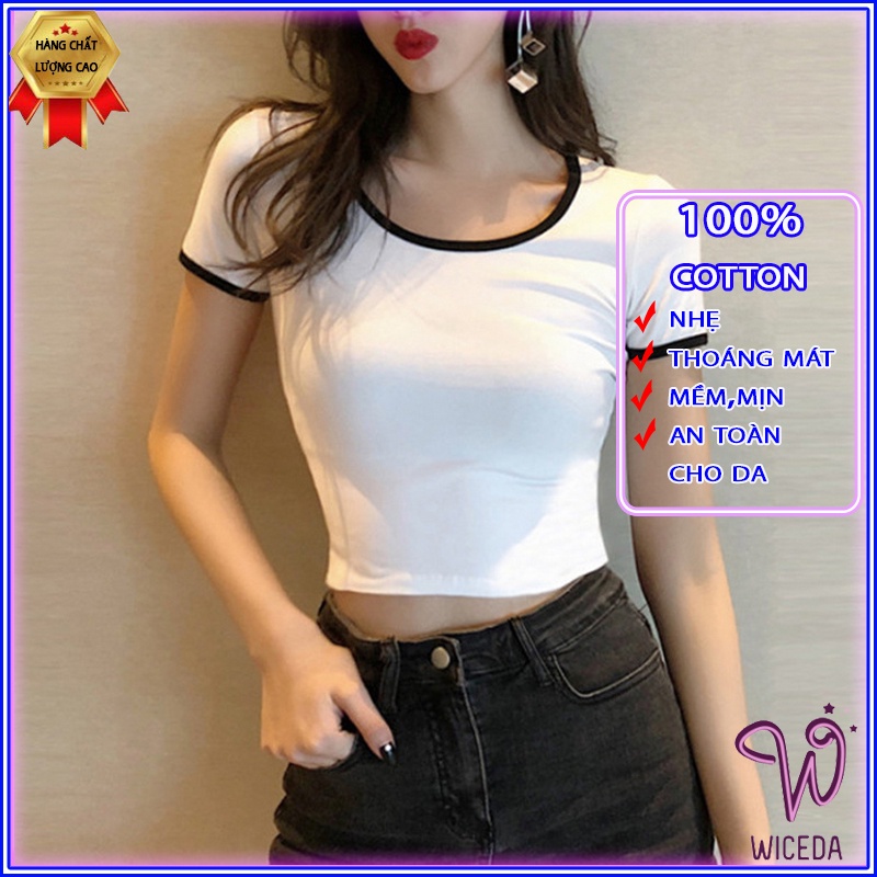 Áo croptop nữ cổ vuông,áo kiểu croptop ôm tay ngắn chất liệu thun gân mềm mịn mát 2 màu đen trắng wiceda AV201