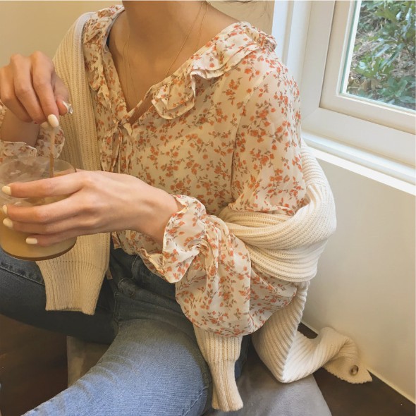 SUXI Áo Sơ Mi Chiffon Tay Dài Phối Bèo Họa Tiết Hoa Phong Cách Hàn Quốc