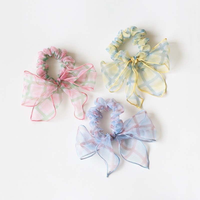 S40 Scrunchies vải voan sọc thắt nơ