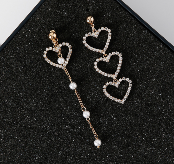 Fashion Women Heart Pearl Tassel Earrings .Long Chain Asymmetrical Drop Stud Earrings.Fashion jewellery.