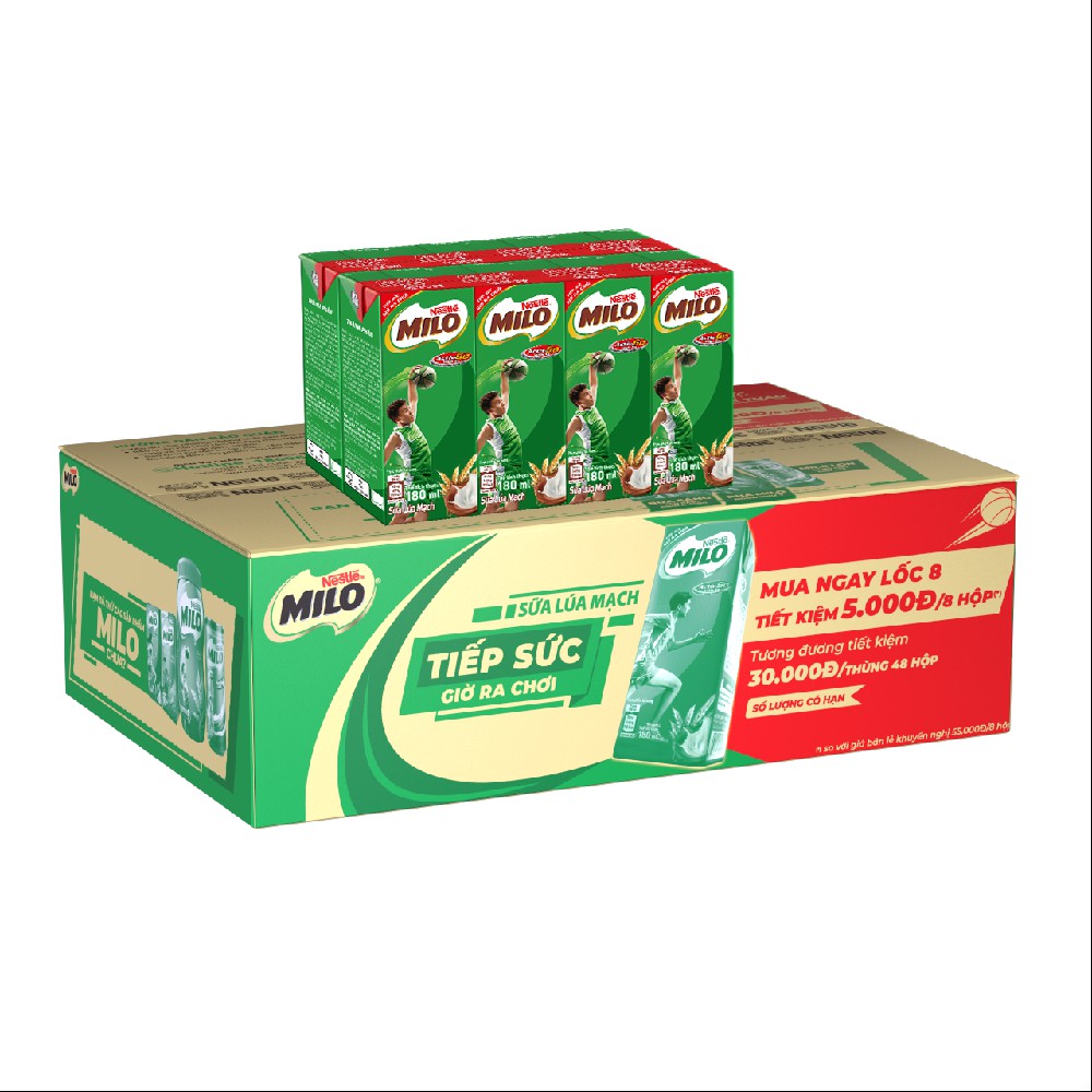 [Mã GRO1MILO1 giảm 10% đơn 150K] Thùng 48 hộp sữa nước Nestle Milo 180ml/ hộp - Phiên bản lốc 8