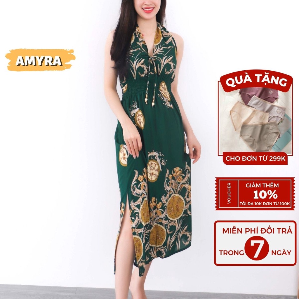 Đầm maxi trung niên dáng dài mùa hè họa tiết hoa đi biển - Váy maxi cho mẹ eo bo thun thoáng mát xẻ tà thổ cẩm MX118