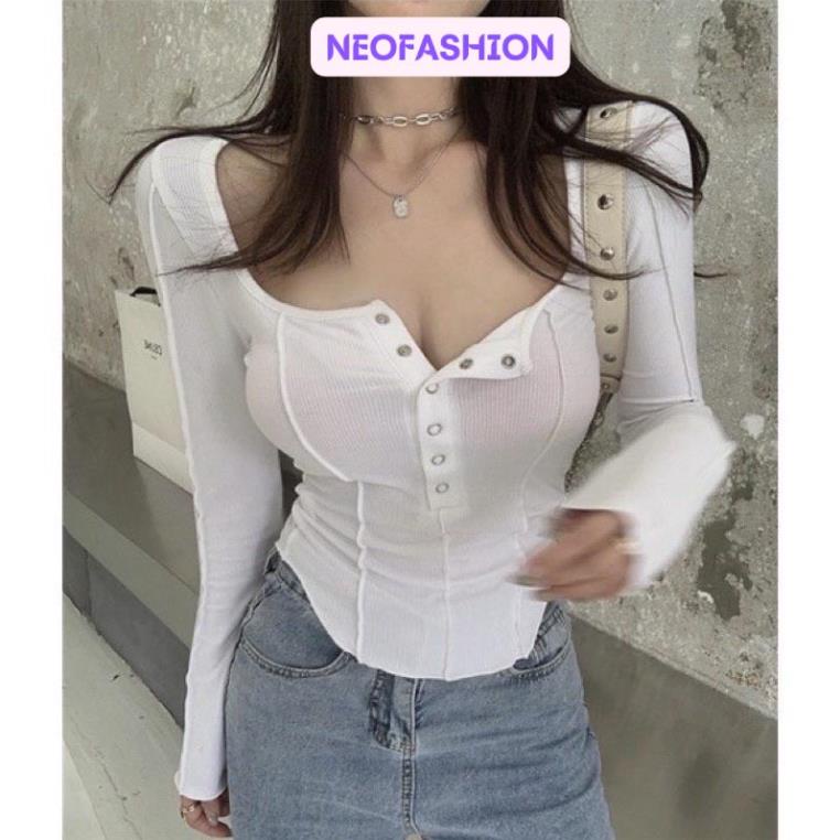 Áo croptop thun nữ nút bấm dài tay cổ trễ kiểu ôm body bigsize dưới 60kg mặc đẹp thoải mái B054 NEOFASHION