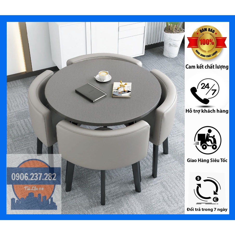 Bộ 1 bàn 4 ghế ngồi ăn cơm, BỘ BÀN GHẾ ĂN CƠM TRÒN MẶT VÂN ĐÁ VÀ 4 GHẾ DA cao cấp