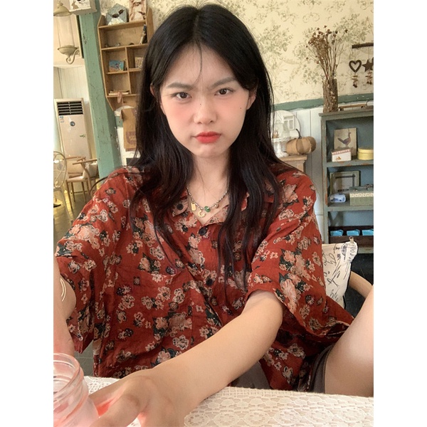 Áo Sơ Mi Tay Ngắn Dáng Rộng In Hình Hoa Hồng Phong Cách Vintage
