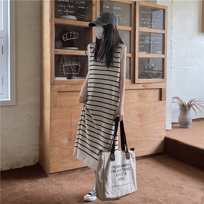 Đầm IELGY dệt kim dáng dài họa tiết kẻ sọc thời trang Pháp dành cho nữ