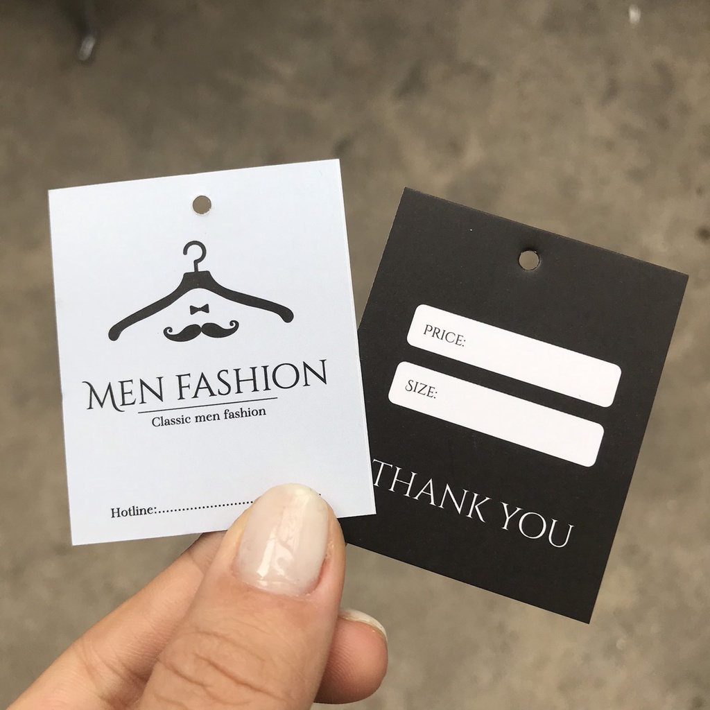 100 cái Tag Quần Áo, Mác Treo Quần Áo, Thẻ Treo Thời Trang nam, Men fashion, Size 4x5.4cm Có Đục Lỗ , Chất Liệu C300