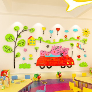 Tranh dán tường mica 3d pepa oto trang trí trường mầm non, phòng ngủ, sân chơi cho bé