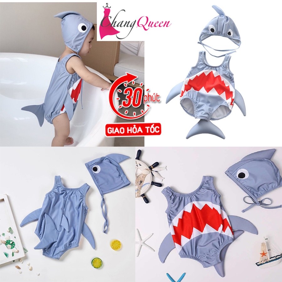 Đồ Bơi Trẻ Em HÌNH CÁ MẬP XÁM CÓ ĐUÔI cực dễ thương Siêu CuTe Kèm MŨ/NÓN rời