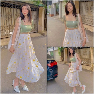 Set áo bra 2 dây hoa cúc xanh buộc nơ + chân váy chấm bi dáng dài màu trắng - áo croptop 2 dây daisy + chân váy bi