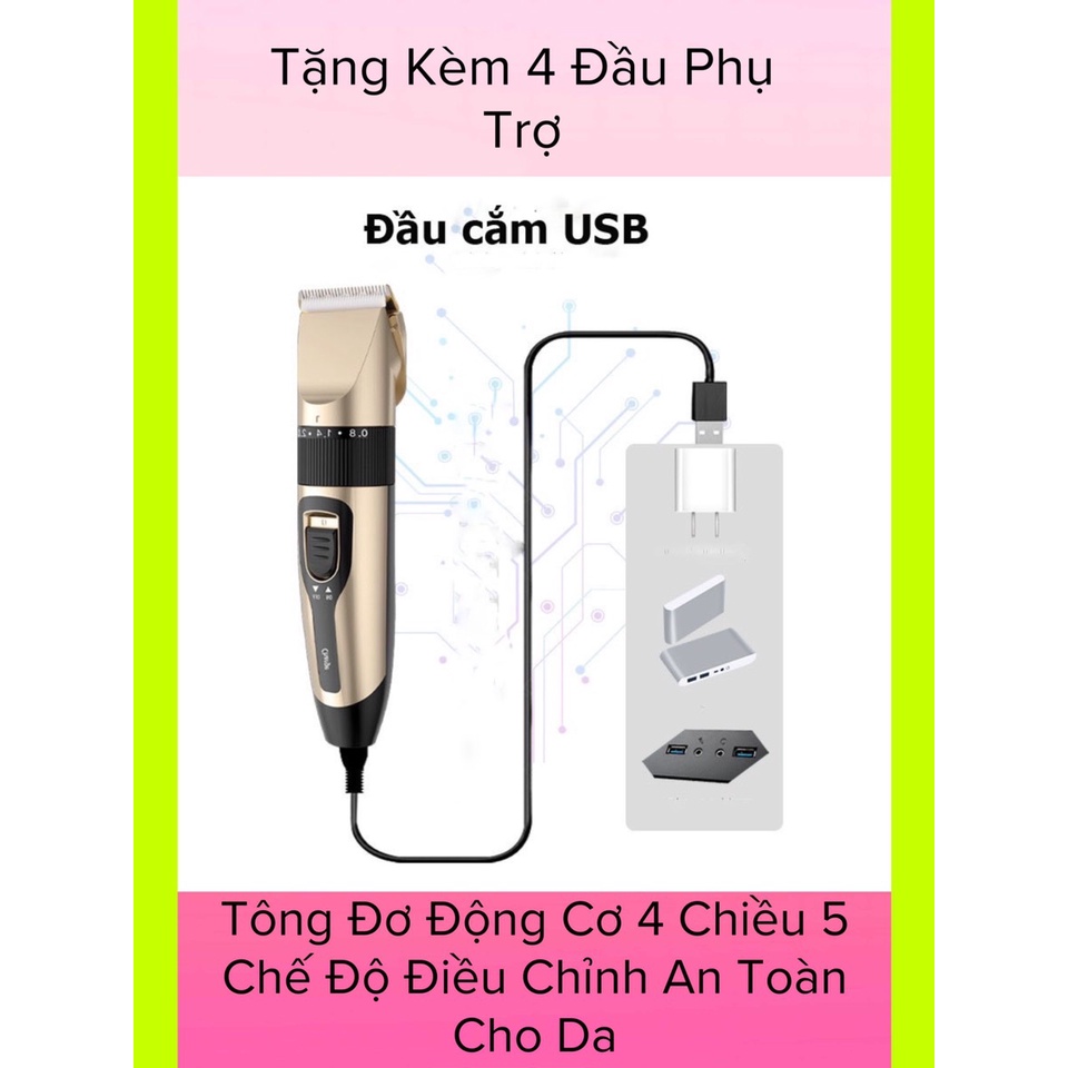 Tông Đơ Cắt Tóc - Đầu Sạc USB - PIN 1200MAH Tặng Kèm Phụ Kiện