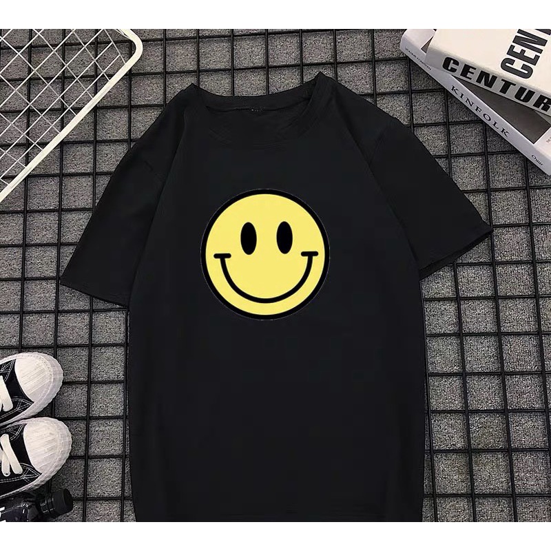 áo thun nam nữ tay lỡ form rộng trắng đen in hình mặt cười drew dễ thương