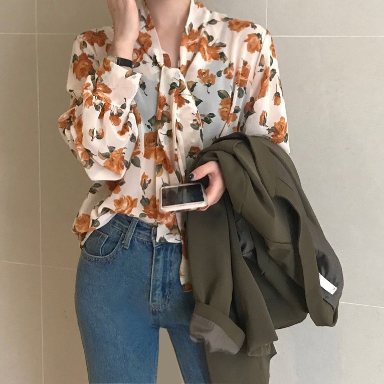 Áo Sơ Mi Nữ Dài Tay Họa Tiết Hoa Thời Trang Hàn Quốc