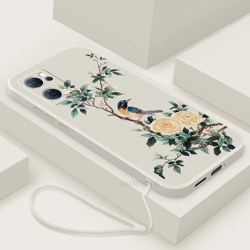 Ốp Điện Thoại TPU Mềm Họa Tiết Hoa Và Chim Có Dây Đeo Cho oppo reno 7 5g reno 7 se