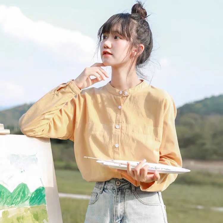 Áo sơ mi nữ cổ tầu form rộng chất thô cotton mềm mát, thời trang phong cách trẻ.