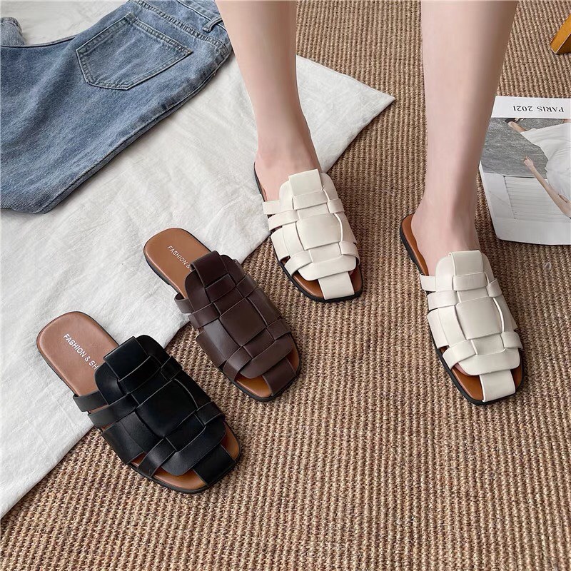 Dép Đế Bằng Mũi Vuông Thời Trang Cho Nữ-Sục đan dây da mềm