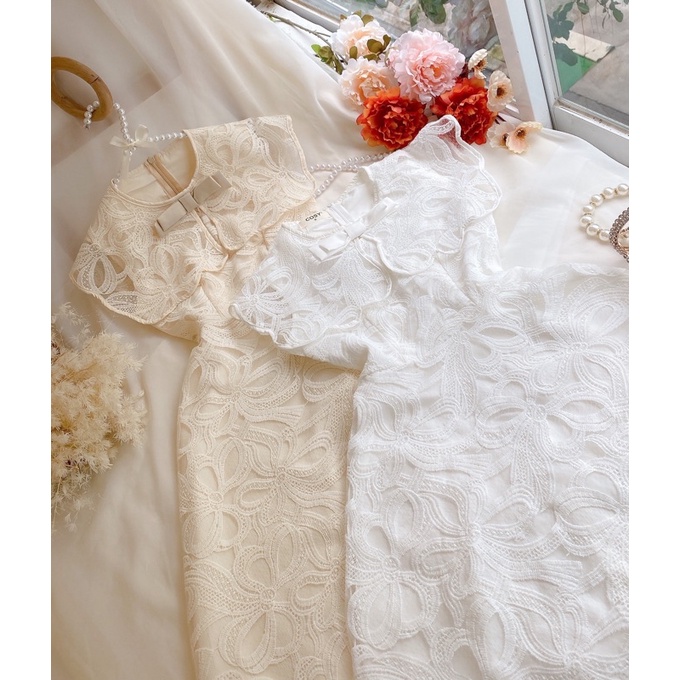 Đầm ren cổ bèo dáng dài nơ cổ xinh xắn