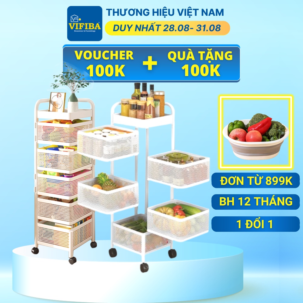 Kệ Xoay Đa Năng Nhà Bếp VIFIBA Vuông 5 Tầng 26x26x95cm Sơn Tĩnh Điện Thép Carbon không gỉ Màu Trắng