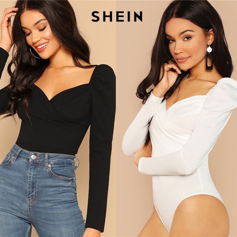 Áo nữ bodysuit thiết kế tay dài màu trắng cổ V khoét ngực gợi cảm