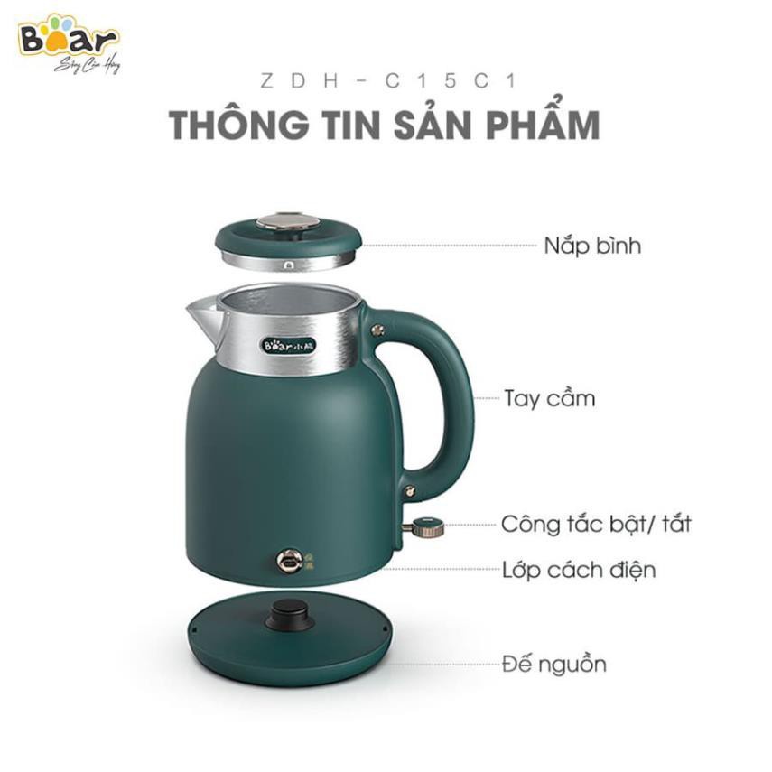 Ấm Siêu Tốc Bằng Điện, Bình Đun Nước Sôi Siêu Tốc, Ấm Nấu Nước Siêu Tốc  Bằng Điện_ 1.5L_BEAR_ ZDH-C15C1_.Bảo hành 1 Năm