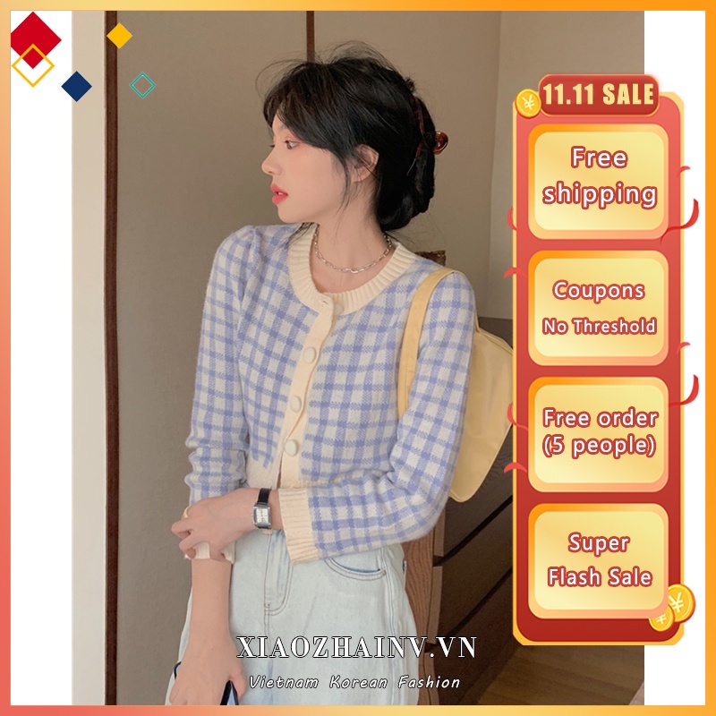 Xiaozhainv Áo Cardigan Dệt Kim Tay Dài Cổ Tròn Kẻ Sọc Caro Phong Cách Hàn Quốc Thời Trang Cho Nữ 4 Màu Tùy Chọn
