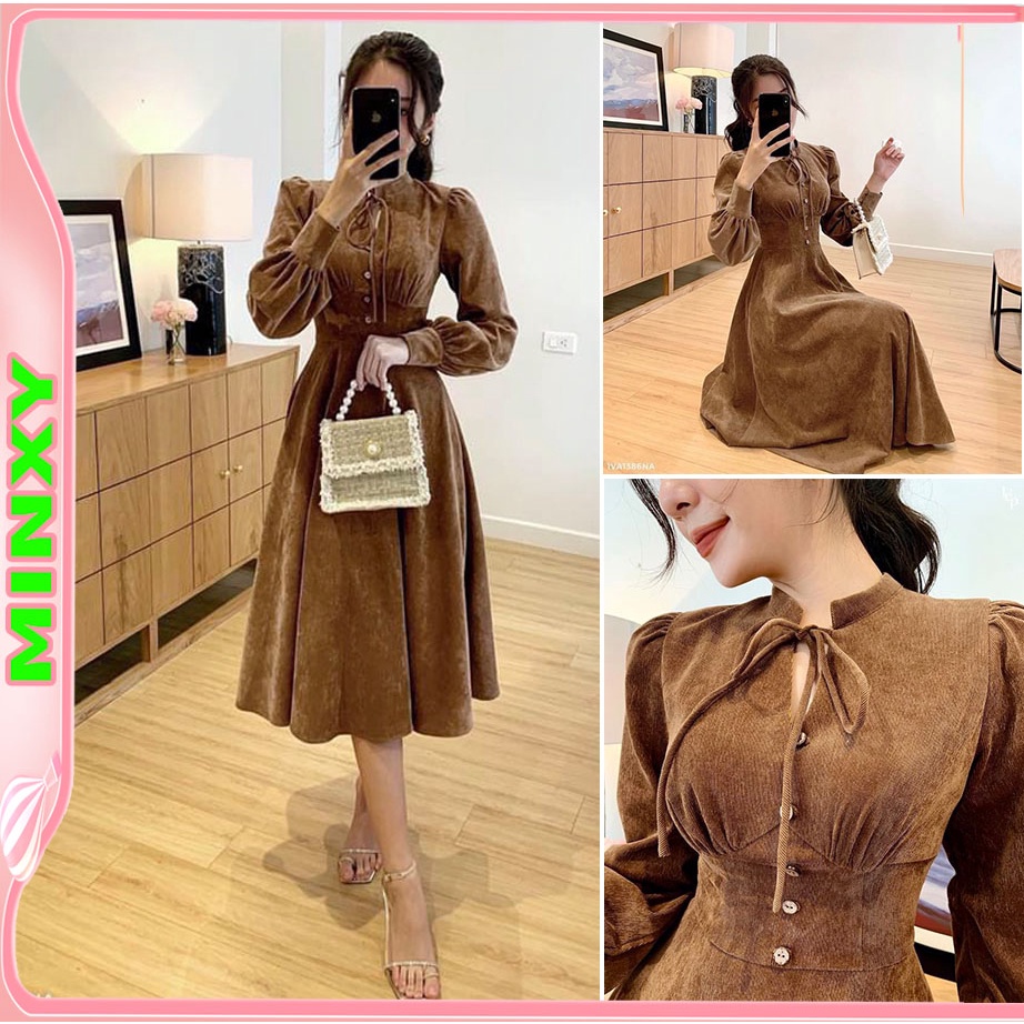 váy nhung cổ tầu dúm ngực,chít eo che mỡ bụng siêu đẹp