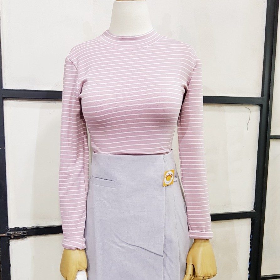 Áo thun tay dài kẻ sọc cổ cao phom croptop ôm body BS05