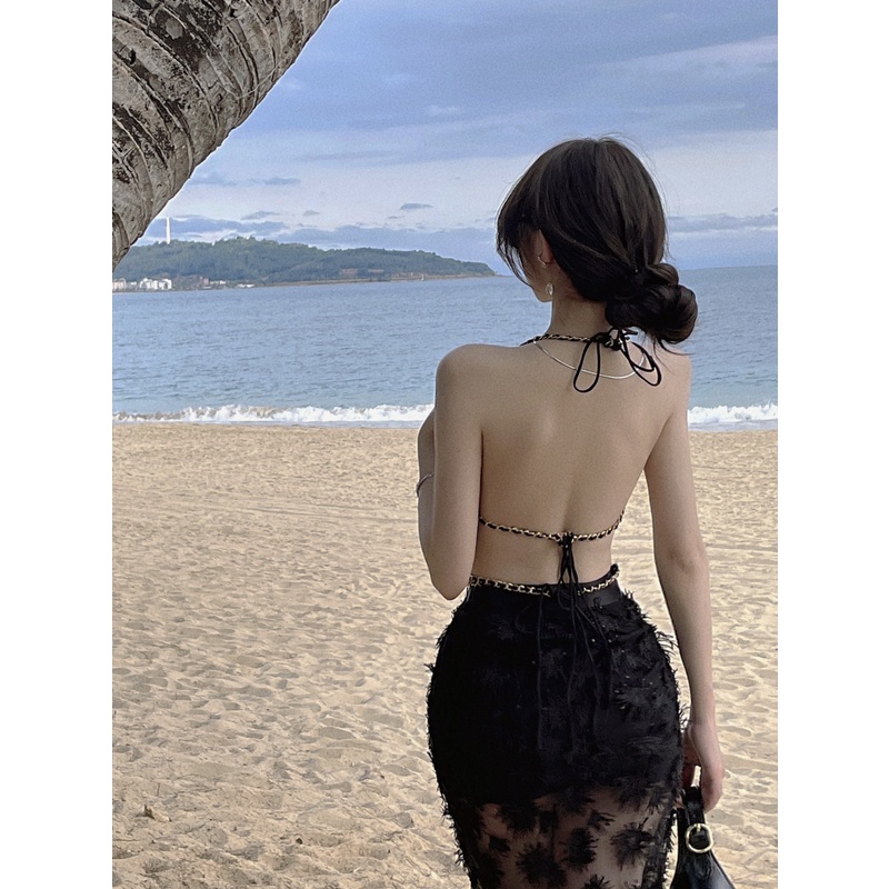 Set Áo Yếm Màu Đen + Chân Váy Hoa Lưng Cao Phong Cách Trung Hoa Thời Trang Mùa Hè Dành Cho Nữ