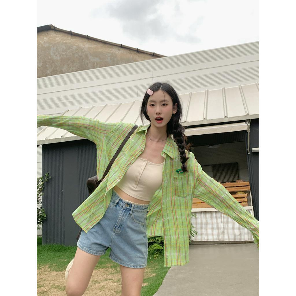 「 WELOVE1 」Áo Sơ Mi Nữ Tay Dài Dáng Rộng Họa Tiết Caro Màu Xanh Lá Phong Cách Retro Mùa Hè Mới