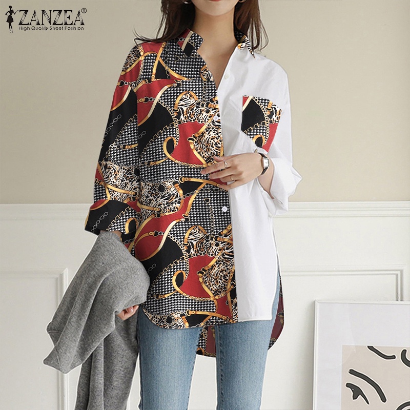 Áo sơ mi ZANZEA dài tay in hình cổ bẻ phong cách cổ điển cho nữ