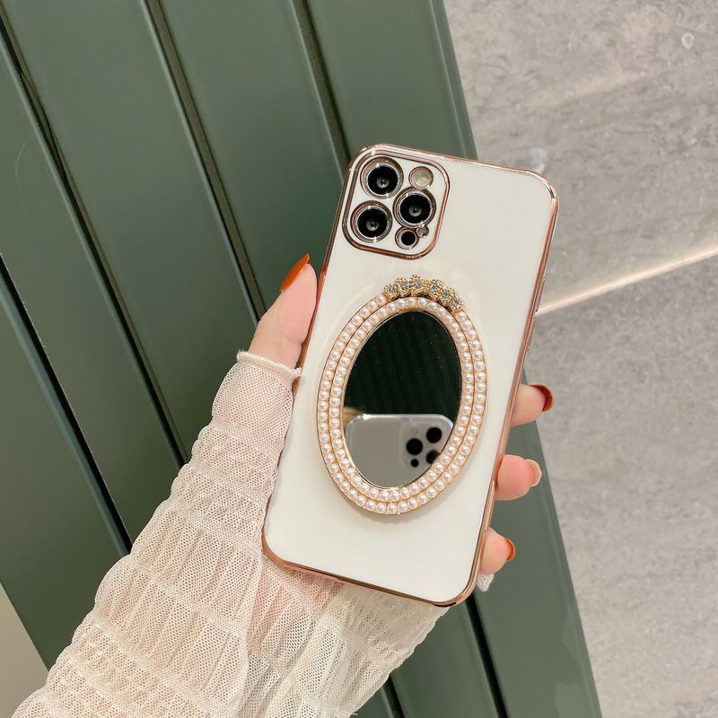 Luxury Princess Pearl Mirror Plated Case iPhone 11 12 Pro Max XR 7 8 Plus Retro Gold Electroplate Glitter Diamond Cover XS X