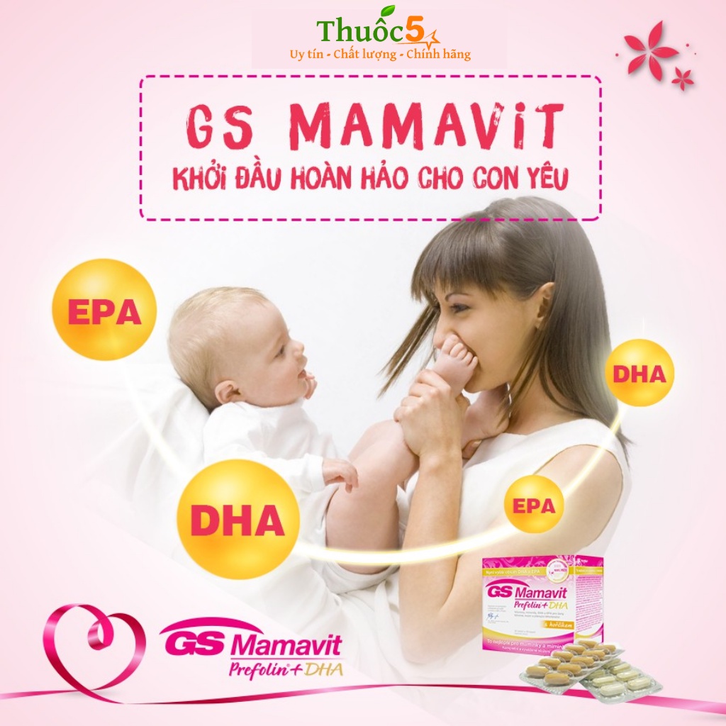 Viên bổ bầu GS Mamavit Prefolin DHA EPA Hỗ Trợ Bổ Sung Dưỡng Chất, Vitamin Cho Bà Bầu Hộp 60 Viên