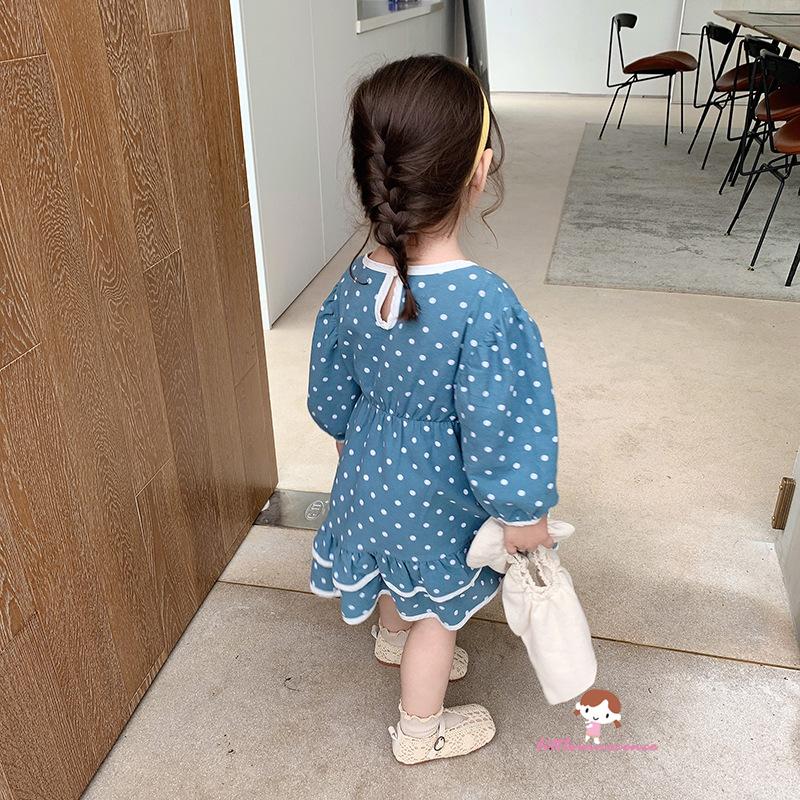 Đầm Công Chúa Cổ Tròn Tay Dài Viền Ren Chấm Bi Cho Bé Gái Xzq7-Pr