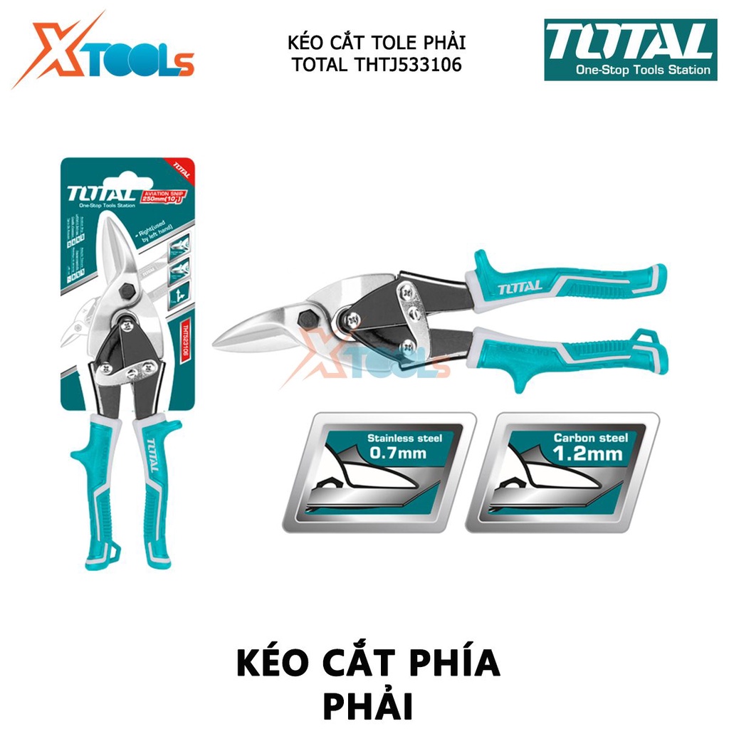 Kéo cắt tole phải TOTAL THTJ533106 | kéo cắt tôn chiều dài 250mm (10inch) độ dày cắt tối đa thép carbon ≤ 1.2mm, thép kh