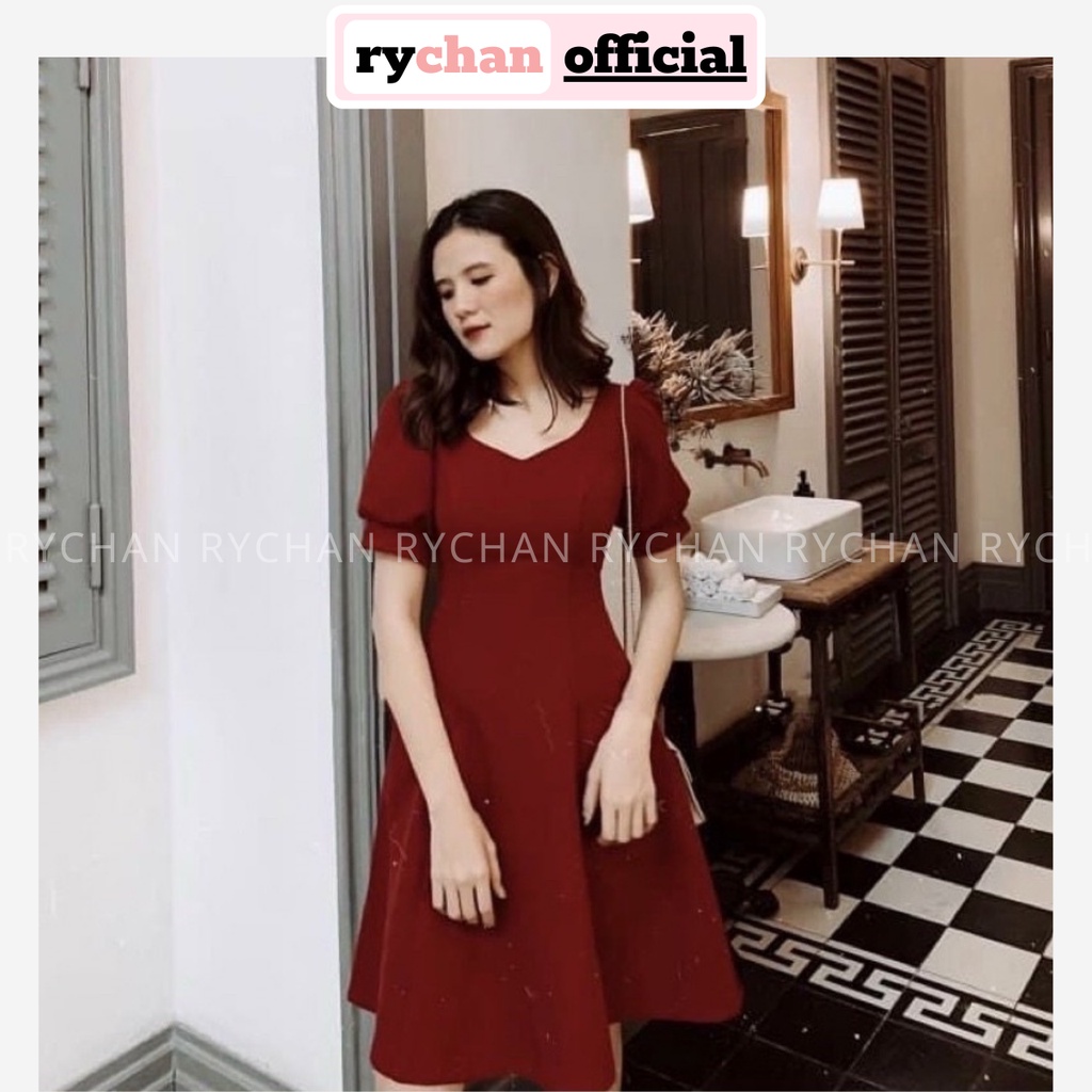 Đầm Dự Tiệc Sang Chảnh Dáng Dài Cổ V Tay Ngắn Phồng Tôn Dáng Màu Đỏ Trắng - DX9937