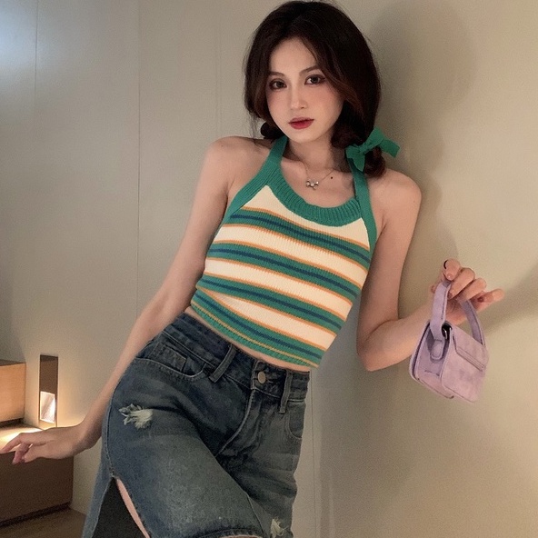 Áo cổ yếm ZHELIHANGFEI dệt kim dáng ngắn thời trang mùa hè 2022 cho nữ