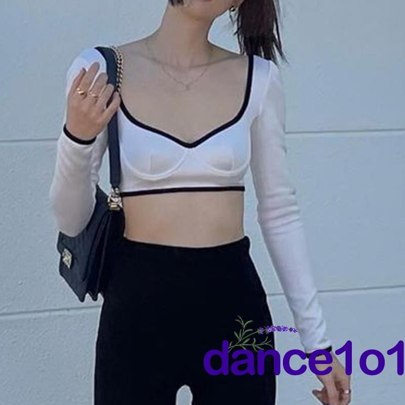 Áo tay dài cổ chữ V màu sắc tương phản thời trang mùa hè cho nữ