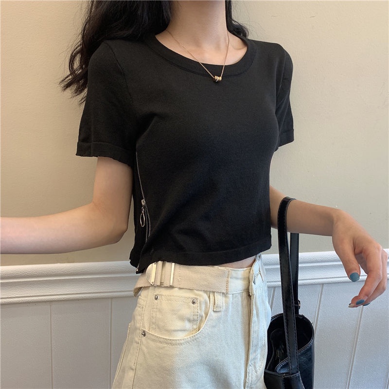 AMOI Áo Thun Cotton Tay Ngắn Có Khóa Kéo Thời Trang Cho Nữ