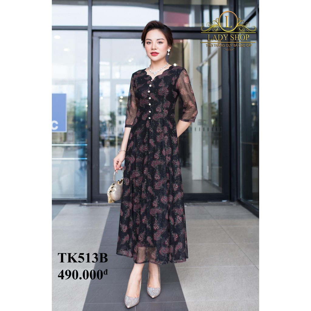 THỜI TRANG QUÝ BÀ TRUNG NIÊN CAO CẤP - LADYSHOP - Đầm thun lưới cổ hoa đuôi công đỏ TK513