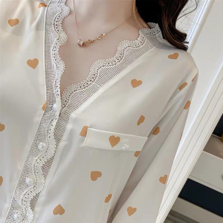 Bộ ngủ lụa Pijama dài tay hoạ tiết trái tim hàng cao cấp