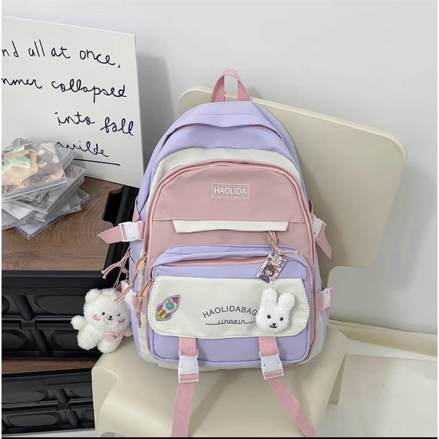 Balo Haolida chất liệu chống thấm phối màu thời trang tặng full phụ kiện sticker móc khóa