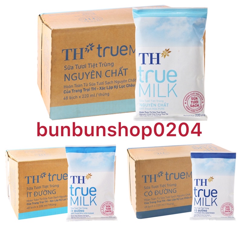 Thùng sữa TH TRUE MILK bịch 220ml NGUYÊN CHẤT/ ÍT ĐƯỜNG/ CÓ ĐƯỜNG