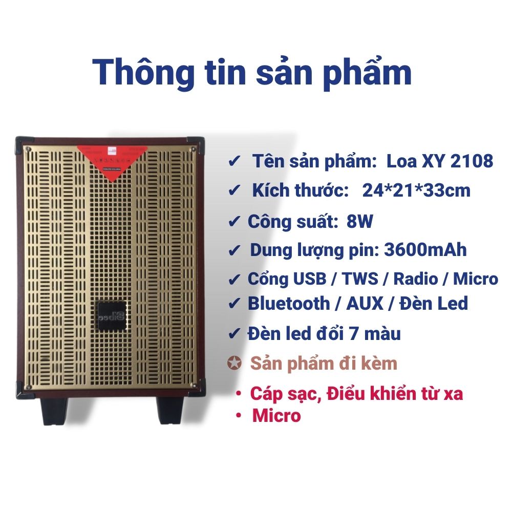 [ Hàng Cao Cấp ]Loa Hát Karaoke Bluetooth Nghe Nhạc Công Suất Lớn  XY2108 Bass 20cm  7,5V Cổng USB, Thẻ Nhớ.