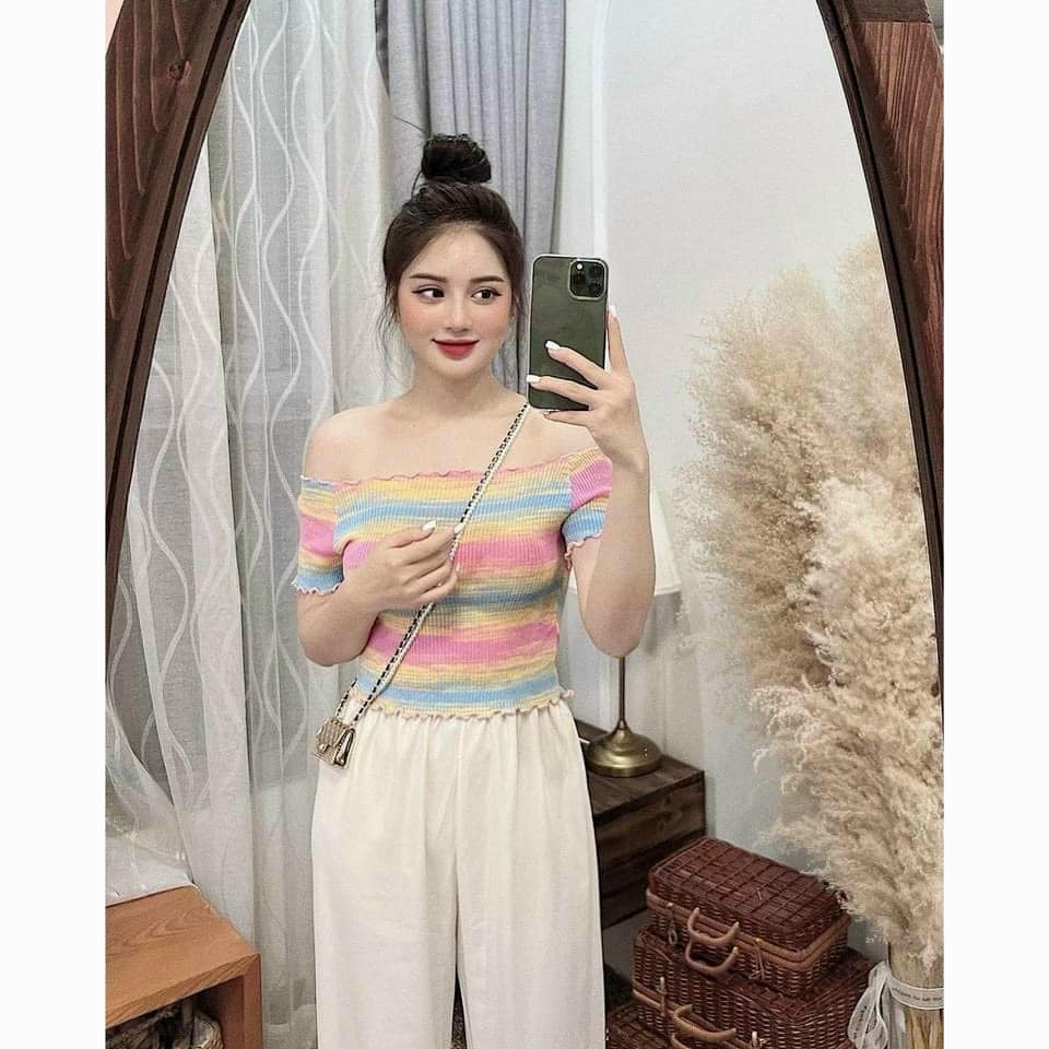 Áo len bệt vai loang sắc màu viền xoăn 45610