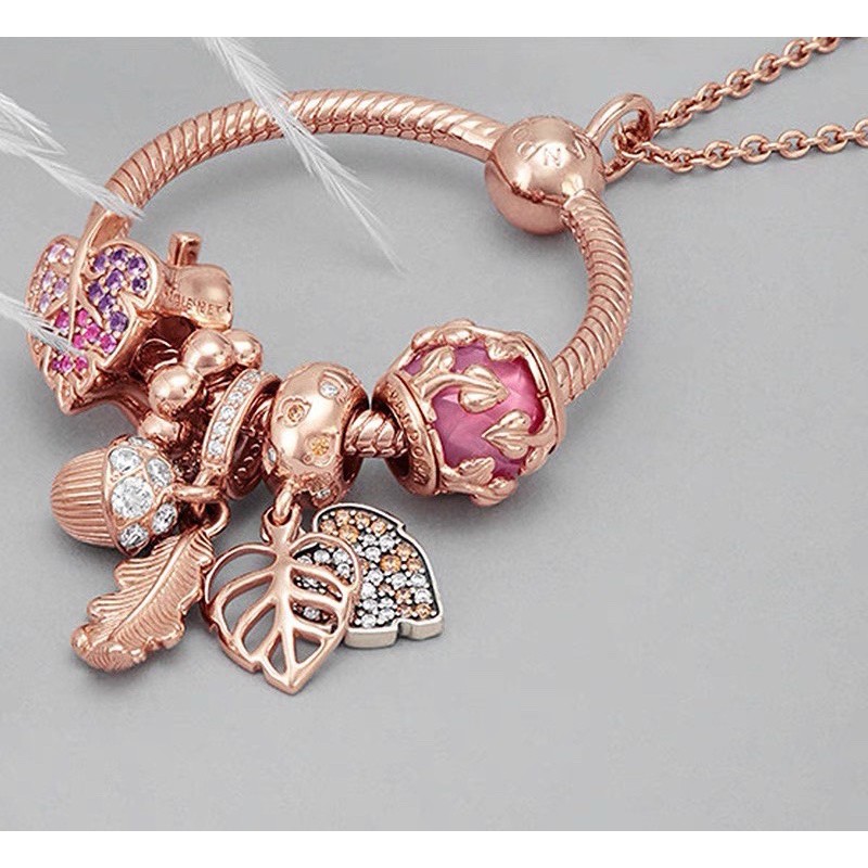 charm pan treo hình lá vàng hồng bạc s925