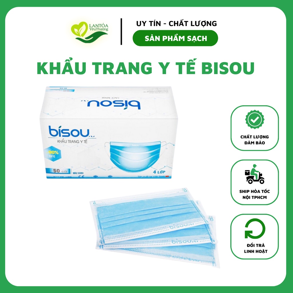 Khẩu trang y tế BISOU TRẮNG, ĐEN, XÁM, XANH, 4 lớp - hộp 50 cái
