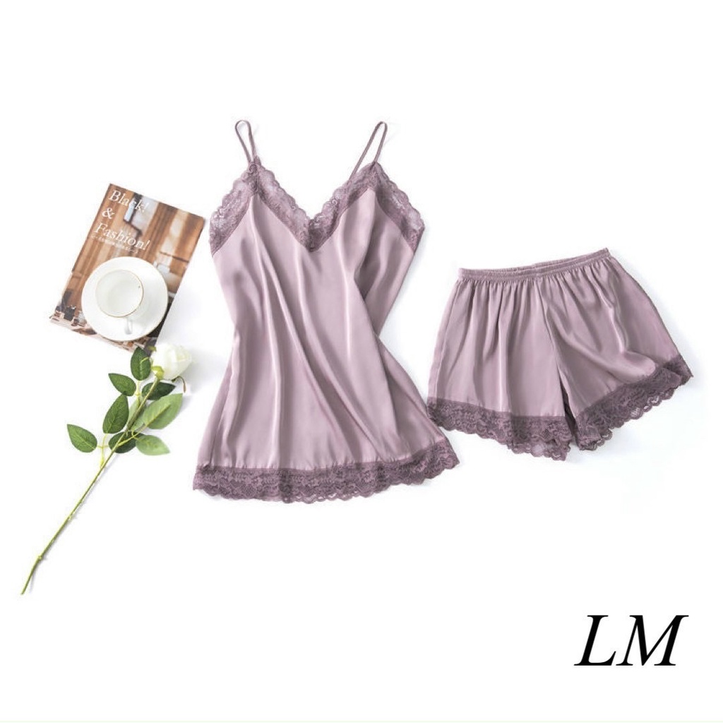 Bộ ngủ nữ Embra lụa satin 2 dây quần ngắn phối ren cao cấp EBB67