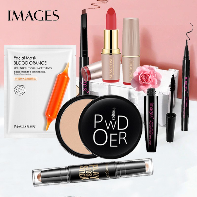 Bộ trang điểm IMAGES Phấn phủ + Bút tạo khối + Chì kẻ mày + Bút dạ kẻ mắt + Mascara + Son lì + Mặt nạ dưỡng ẩm ZD -BTD78